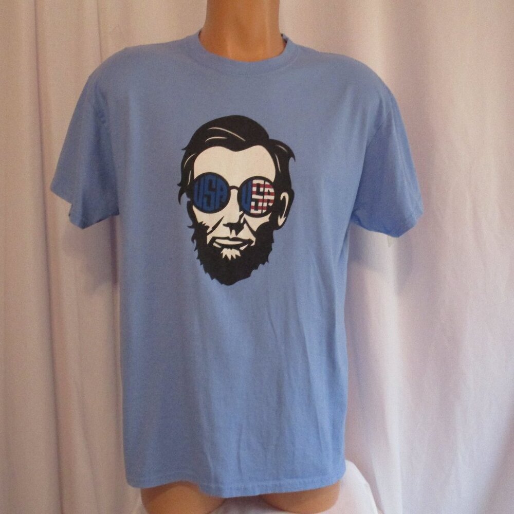 Abraham Lincoln Shirt Large Light Blue USA Flag Sunglasses Graphic Tee